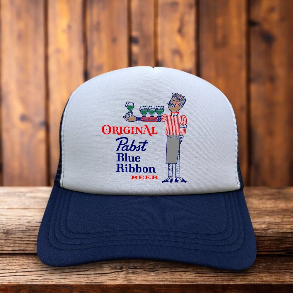 Pabst Blue Ribbon Mens Trucker Hat Navy Snapback Vintage Waiter Logo Beer Cap